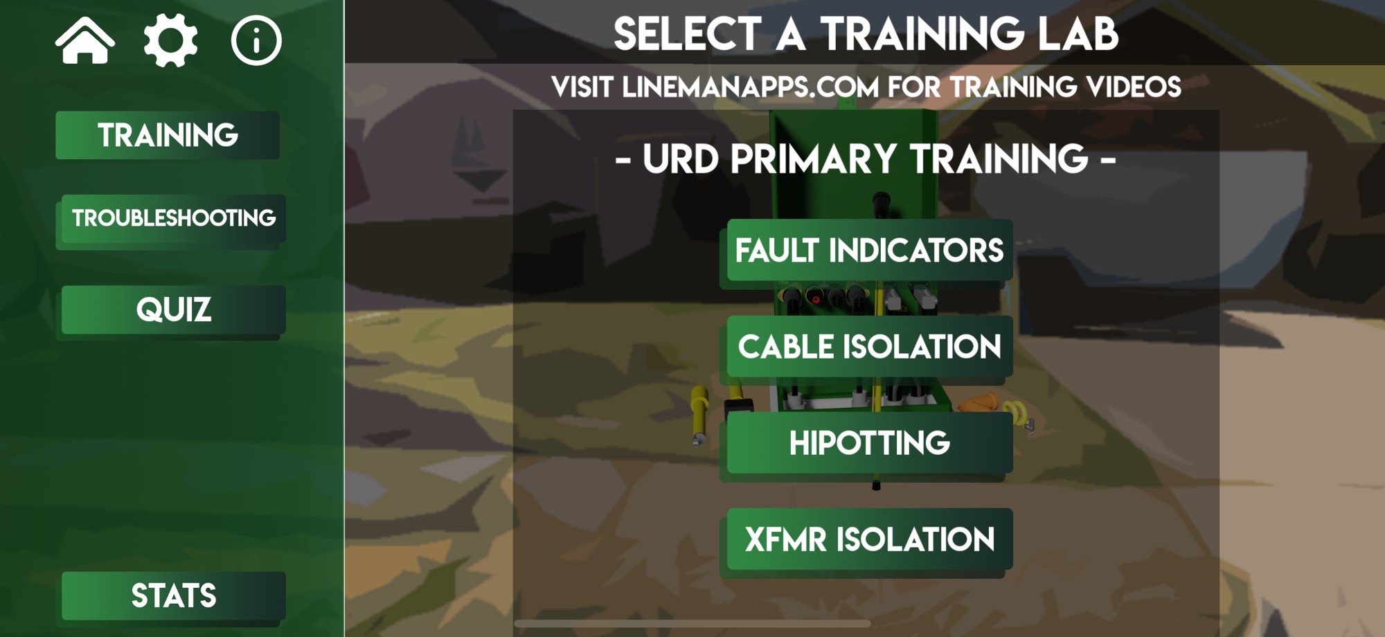 URD app screenshot — Primary Training lab menu: Fault Indicators, Cable Isolation, Hipotting, XFMR Isolation. Underground distribution lineman training modules.