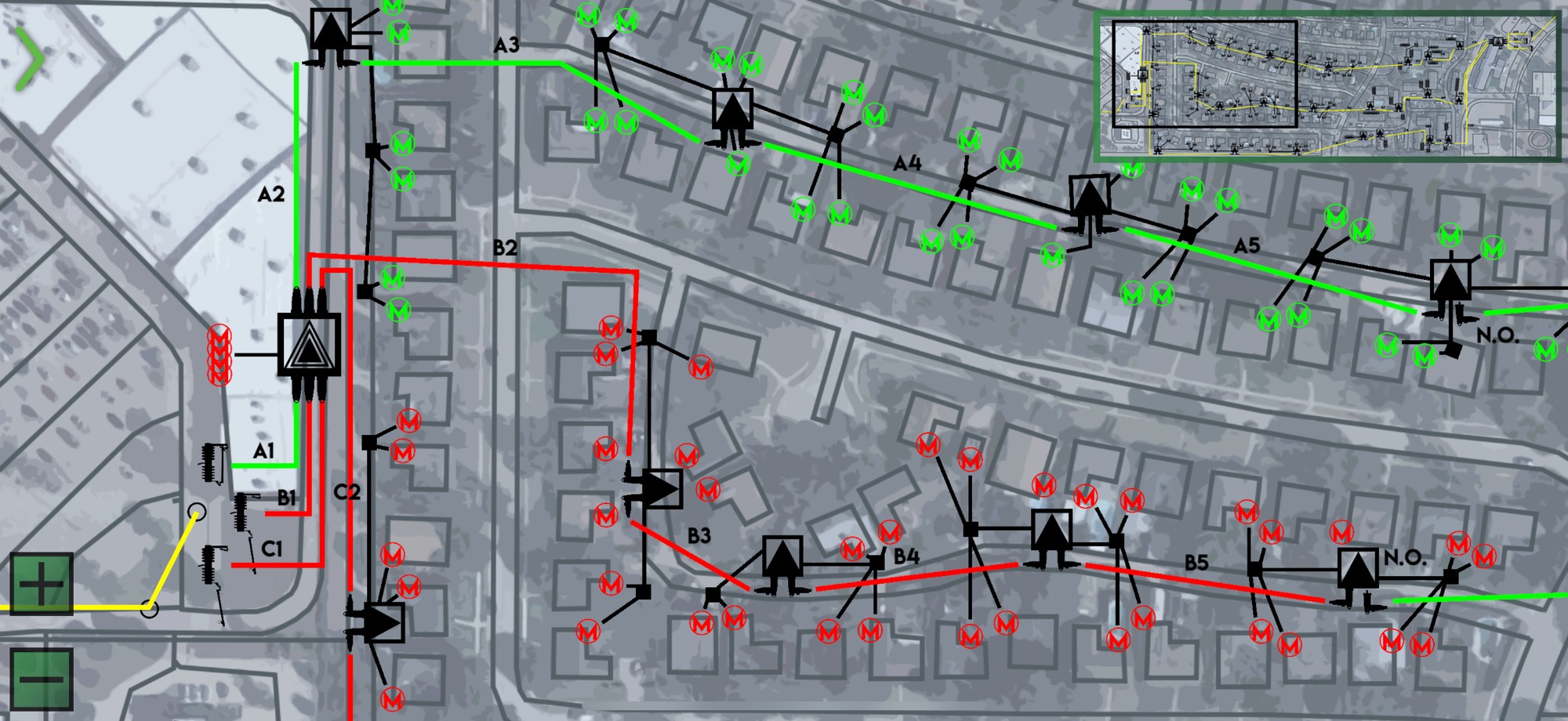 URD app screenshot — color-coded underground distribution switching map with energized loops, transformer locations, and normally open (N.O.) tie points for cable isolation training.