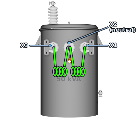 The secondary: X1, X2, X3. X2 is the neutral